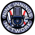 A microphone and baseball bat on the logo of nine innings network.