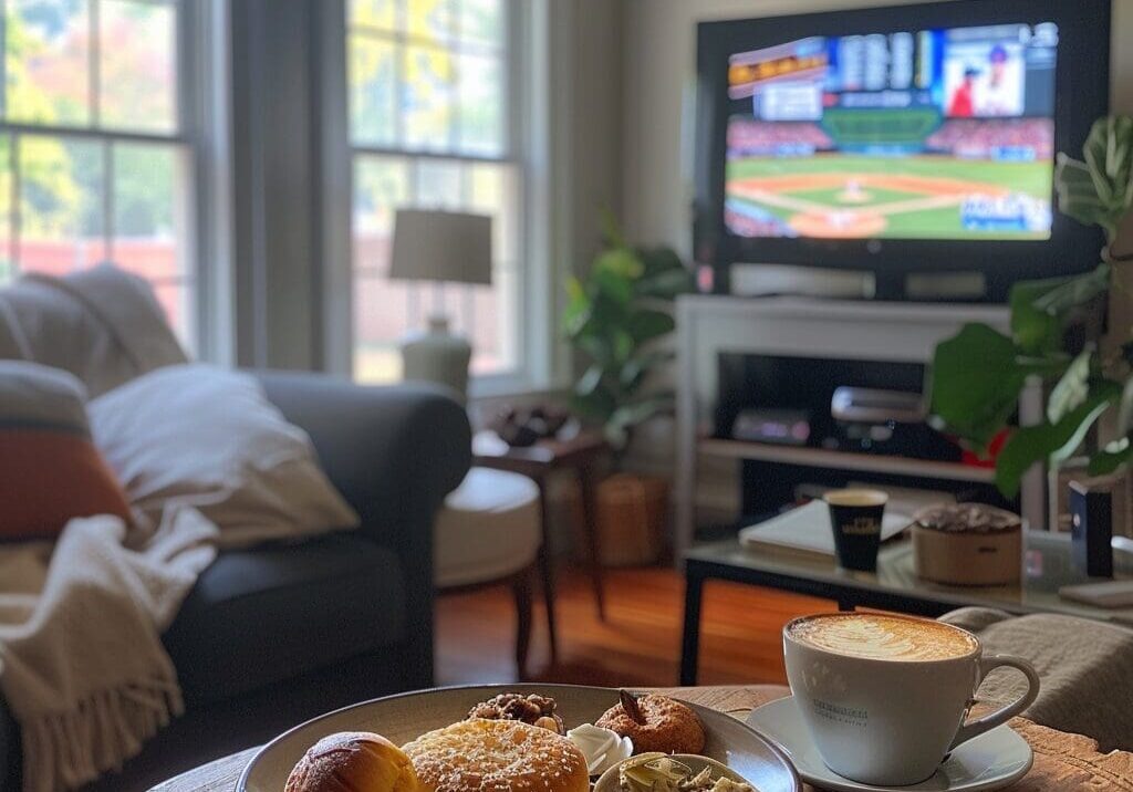 A baseball game on a TV on a Sunday morning.