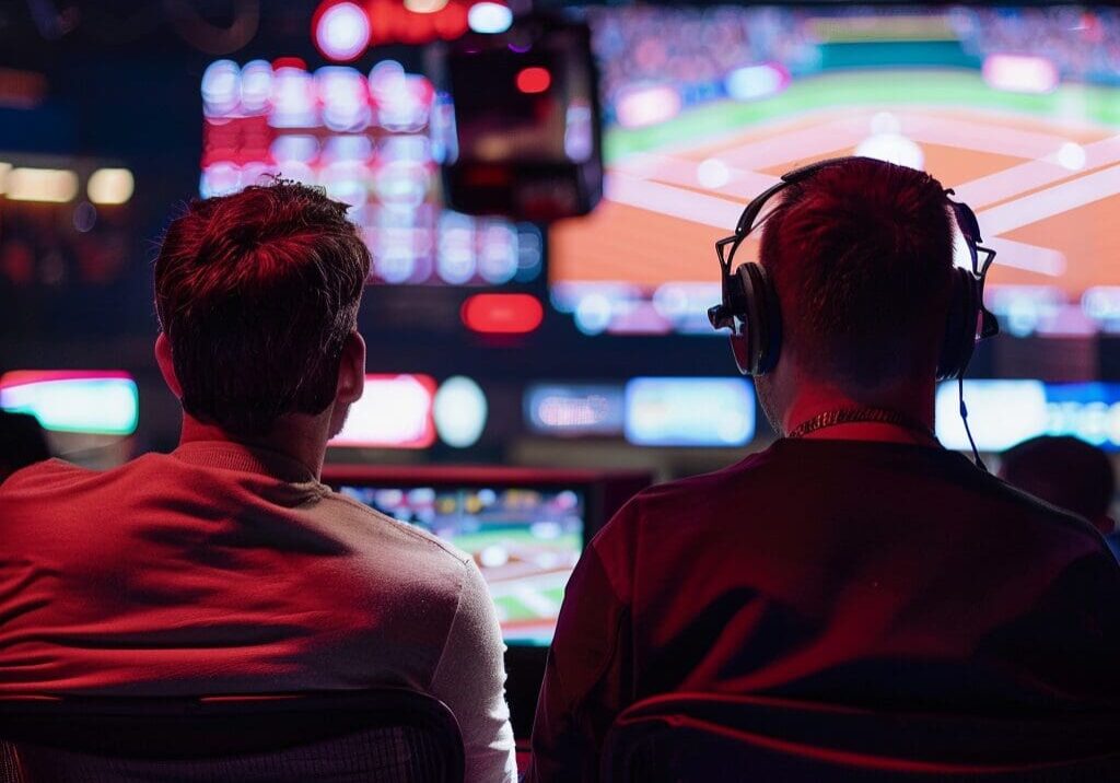 Two men behind the scenes of a baseball tv studio.